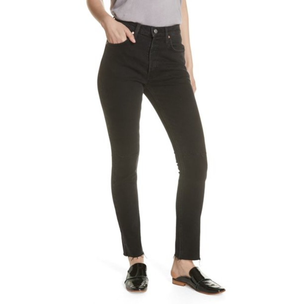Free People We the Free Stella High Rise Button Fly Raw Hem Black Skinny Jeans